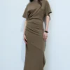 Gathered Short-Sleeved Maxi Dress – Dark Mole