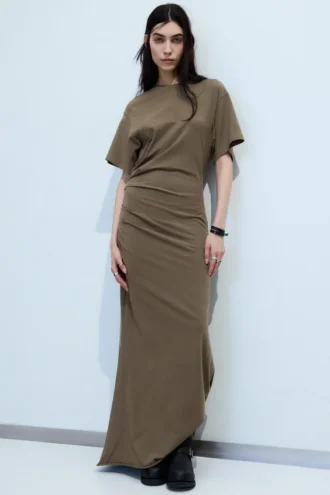Gathered Short-Sleeved Maxi Dress – Dark Mole