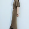 Gathered Short-Sleeved Maxi Dress – Dark Mole