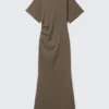 Gathered Short-Sleeved Maxi Dress – Dark Mole