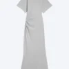 Gathered Short-Sleeved Maxi Dress – Light Dusty Grey Melange
