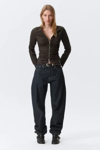 Gathered V-Neck Zip Top – Dark Brown