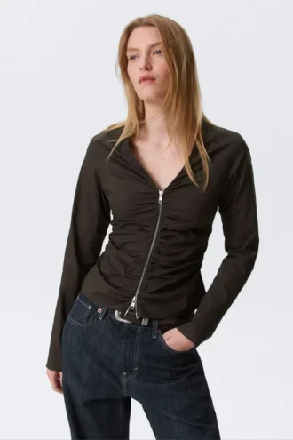 Gathered V-Neck Zip Top – Dark Brown