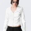 Gathered V-Neck Zip Top – White