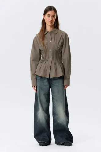 Gathered Waist Cotton Poplin Shirt – Striped Brown