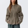 Gathered Waist Cotton Poplin Shirt – Striped Brown