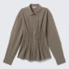 Gathered Waist Cotton Poplin Shirt – Striped Brown