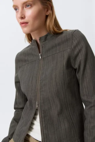 Genevieve Slim Structured Cotton Zip Jacket – Dark Grey