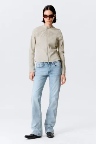 Genevieve Slim Structured Cotton Zip Jacket – Light Beige