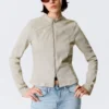 Genevieve Slim Structured Cotton Zip Jacket – Light Beige