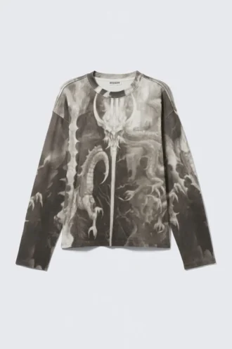 Great Boxy Graphic Long Sleeve T-Shirt – Dark Grey – Dragon Print
