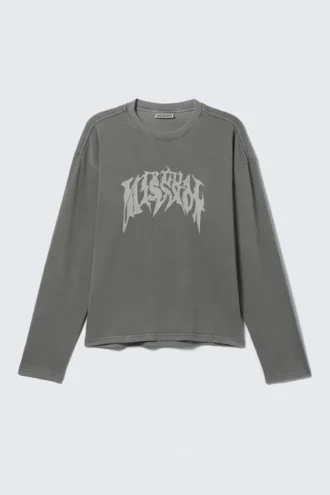 Great Boxy Graphic Long Sleeve T-Shirt – Washed Grey – Virtual Mission