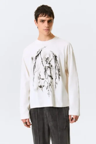 Great Boxy Graphic Long Sleeve T-Shirt – White – Skeleton Angel