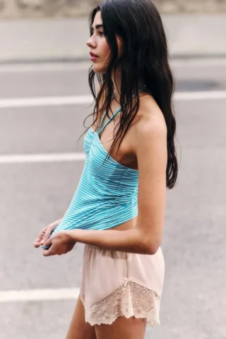 Halterneck Bandeau Top – White & Turquoise Stripes
