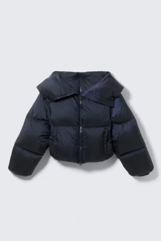High Collar Cropped Down Jacket – Dark Navy Blue