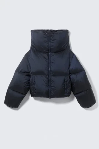 High Collar Cropped Down Jacket – Dark Navy Blue