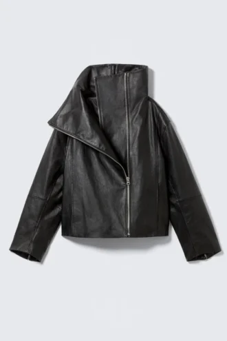 High Collar Leather Jacket – Black