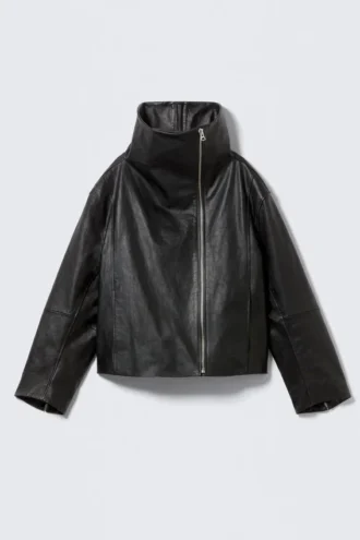 High Collar Leather Jacket – Black