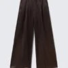 High Waisted Wide Leg Satin Trousers – Dark Brown