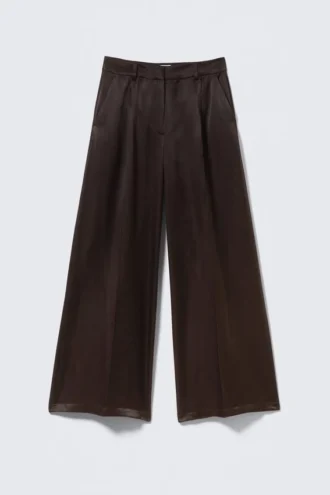 High Waisted Wide Leg Satin Trousers – Dark Brown