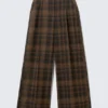 High Waisted Wide Leg Suiting Trousers – Checked Brown