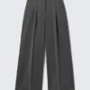 High Waisted Wide Leg Suiting Trousers – Pinstriped Dark Grey