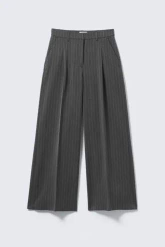 High Waisted Wide Leg Suiting Trousers – Pinstriped Dark Grey
