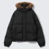 Hooded Puffer Jacket with Faux Fur Trim – Black