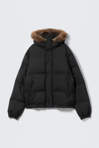 Hooded Puffer Jacket with Faux Fur Trim – Black