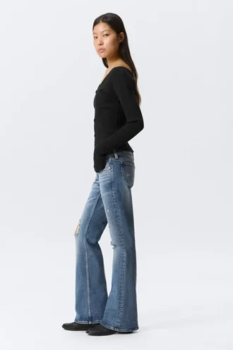 Hour Low Rise Skinny Bootcut Distressed Jeans – Blue Horses – Medium Blue