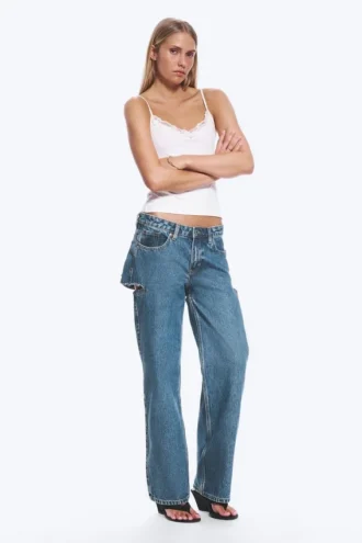 Imoo Cut Low Rise Loose Wide Leg Jeans – Medium Blue