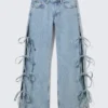 Imoo Low Rise Loose Wide Bow Jeans – Mid Blue – Medium Blue