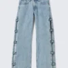 Imoo Low Rise Wide Leg Bow Jeans – Mid Blue – Medium Blue