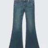 Katsumi Embellished Low Rise Slim Flared Leg Jeans – Embellished Blue – Dark Blue