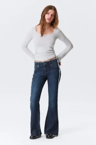 Katsumi Low Rise Frayed Flared Jeans – Summit Blue – Dark Blue