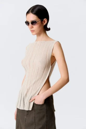 Knitted Boat-Neck Tank Top – Light Beige