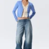 Knitted Double-Layered V-Neck Cardigan – Blue/Off-White