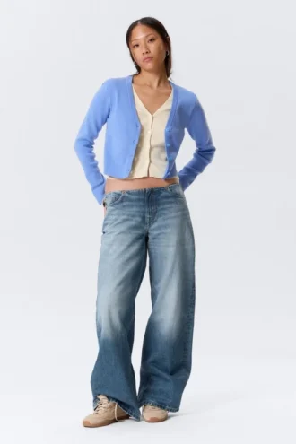 Knitted Double-Layered V-Neck Cardigan – Blue/Off-White