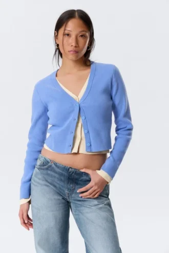 Knitted Double-Layered V-Neck Cardigan – Blue/Off-White