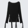 Knitted Eyelet Detail Boat-Neck Top – Black