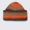 Knitted Fold-Up Ribbed Beanie – Bright Orange & Burgundy