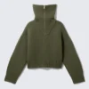 Knitted Funnel Neck Dual Zip Sweater – Khaki Green