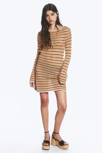 Knitted Open-Back Dress – Striped Orange