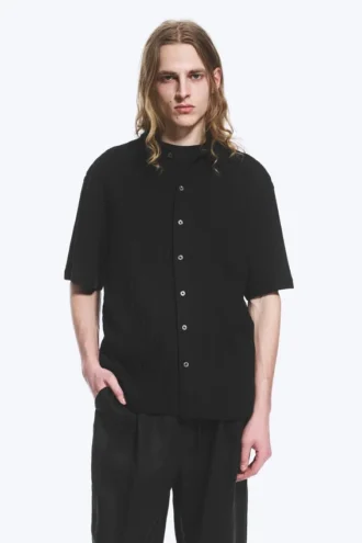 Knitted Short-Sleeved Button-Up Shirt – Black