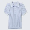 Knitted Short-Sleeved Cotton Polo Top – Light Blue – White Stripes