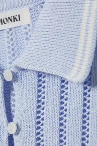 Knitted Short-Sleeved Cotton Polo Top – Light Blue – White Stripes