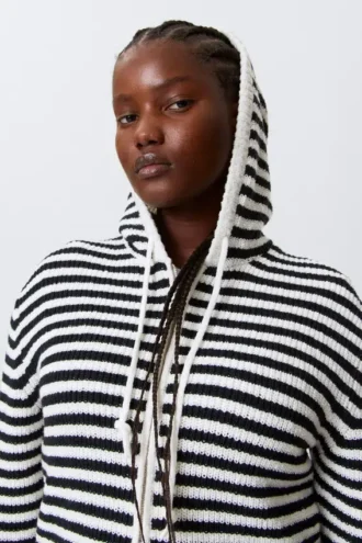 Knitted Slim Fit Zip Hoodie – Black & White Stripes