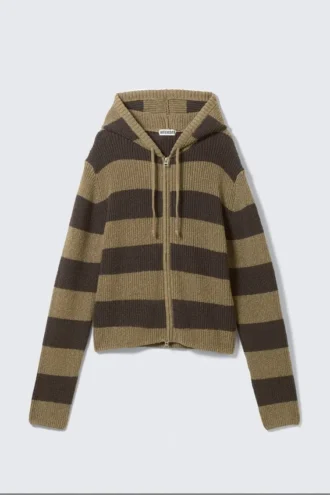 Knitted Slim Fit Zip Hoodie – Dark Mole & Brown Stripes