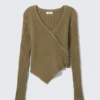 Knitted Wrap-Shaped Asymmetric V-Neck Sweater – Dark Khaki Green