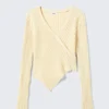 Knitted Wrap-Shaped Asymmetric V-Neck Sweater – Light Dusty Beige